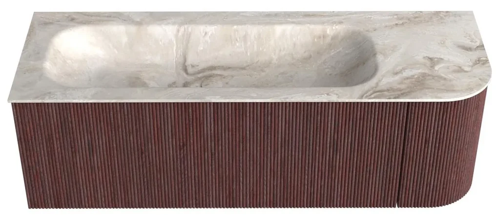 Mondiaz Kurve-dlux 135cm badmeubel ronding rechts ruby met 1 lade en deur en wastafel big medium links zonder kraangat frappe