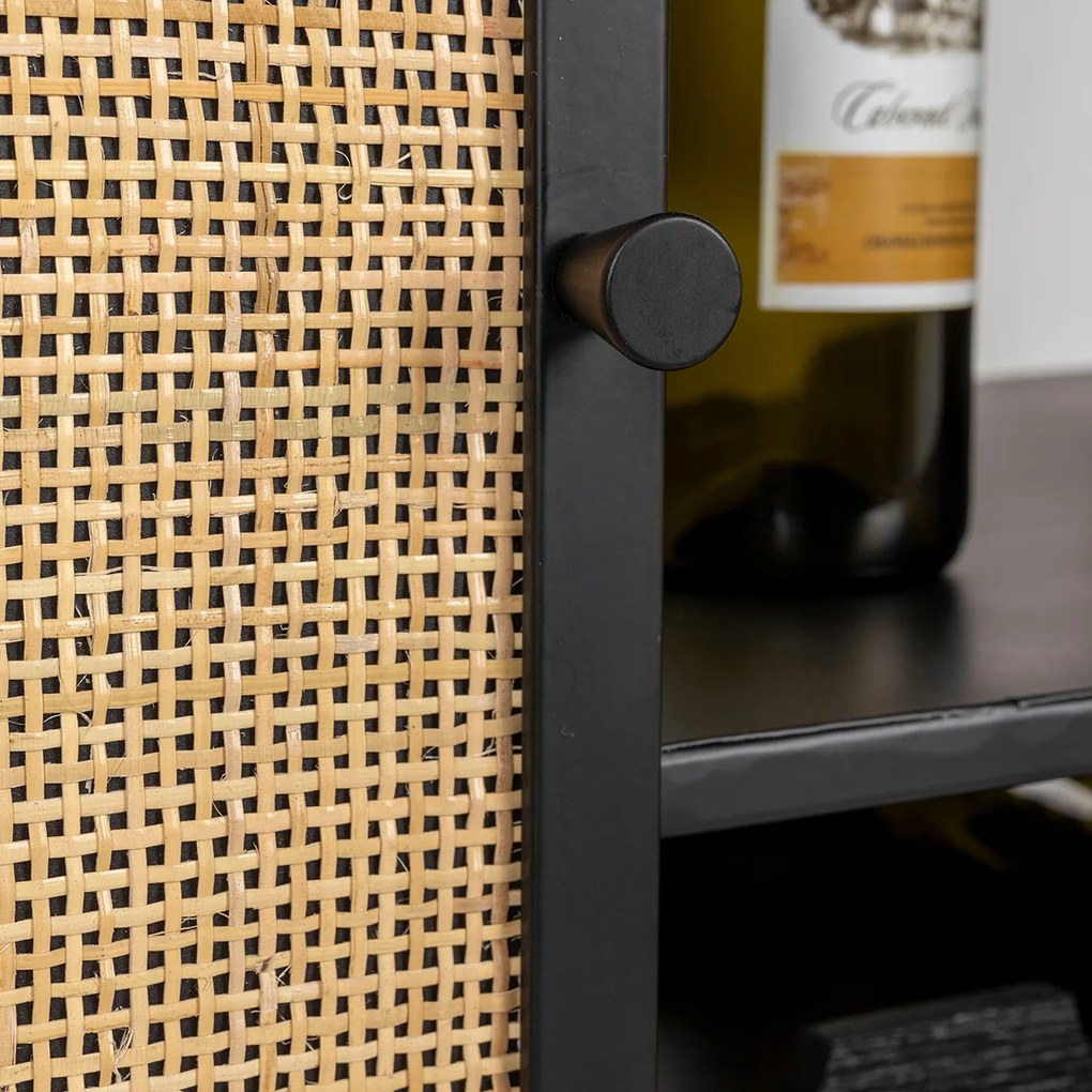 Hoge Wijnkast Zwart Met Rotan - 80x38x175cm.