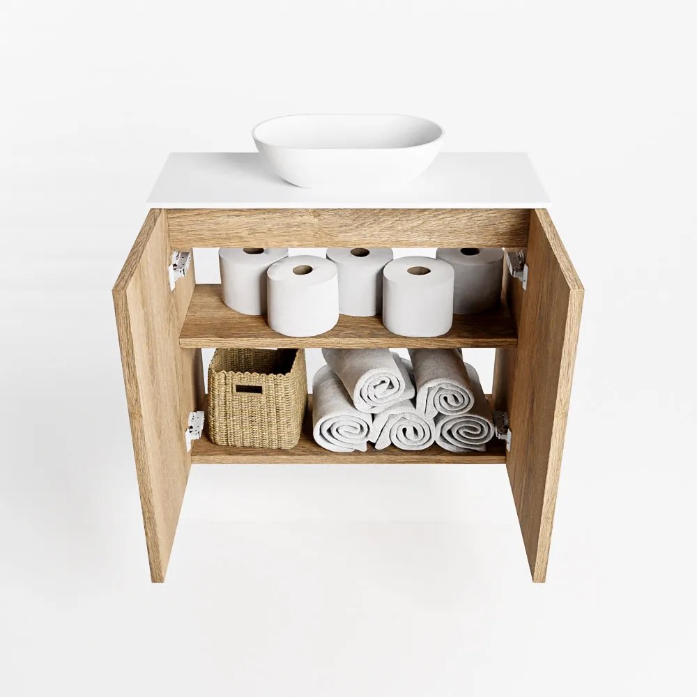 Mondiaz Fowy toiletmeubel 60cm washed oak met witte waskom midden en kraangat