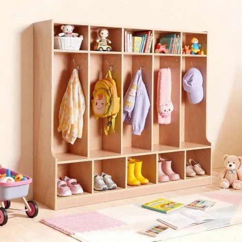 VEVOR Open houten kinderkledingkast, kapstok met 10 haken en 15 vakken (5 grote + 10 kleine), kapstok en opbergplank voor kinderkamer, thuis, kleuterschool, kinderdagverblijf