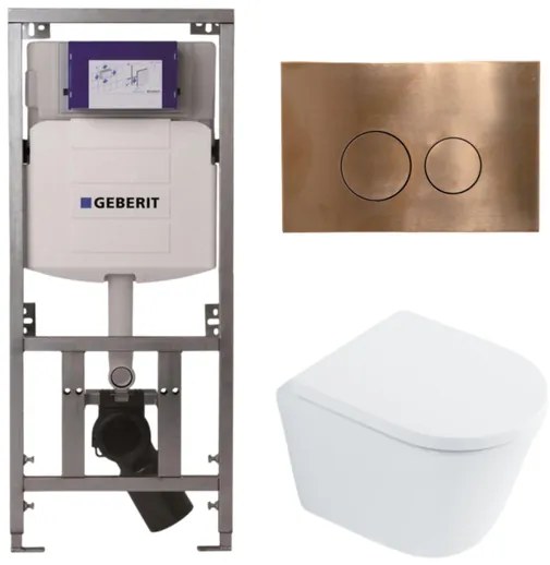 QeramiQ Dely Toiletset - 36.3x51.7cm - diepspoel - rimless - Geberit UP320 inbouwreservoir - met Burda frame - softclose toilet zitting 35 mm - koperen bedieningsplaat - ronde knoppen - wit glans SW1026255 / SW1159505/0701131/SW706196