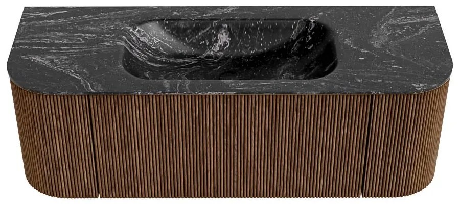 Mondiaz Kurve-dlux 130cm badmeubel ronding links/rechts walnut met 1 lade en 2 deuren en wastafel big small midden 1 kraangat lava