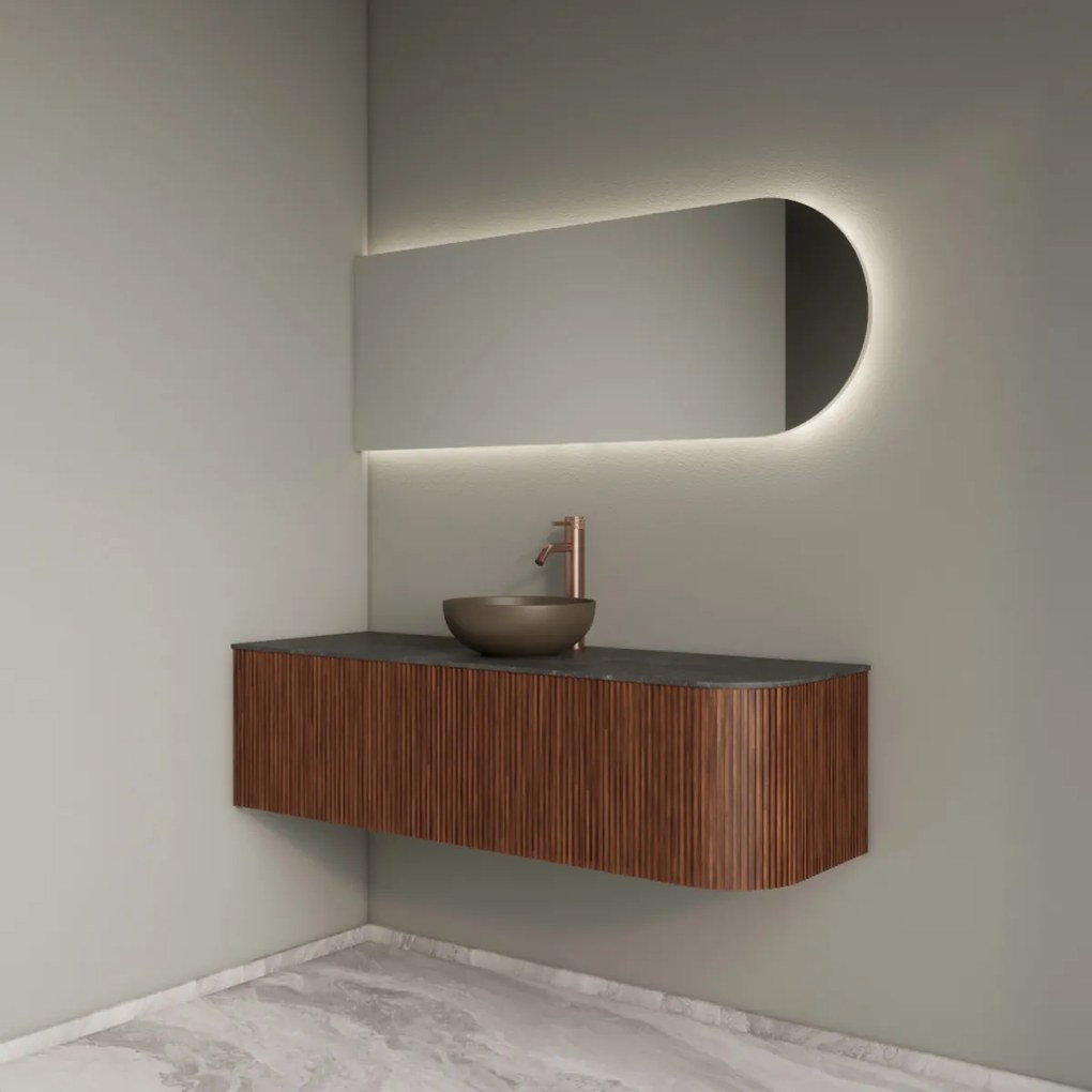 Gliss Design Alluro badmeubel ribbelfront met ronding rechts 140cm walnut en zwart leisteen toppaneel