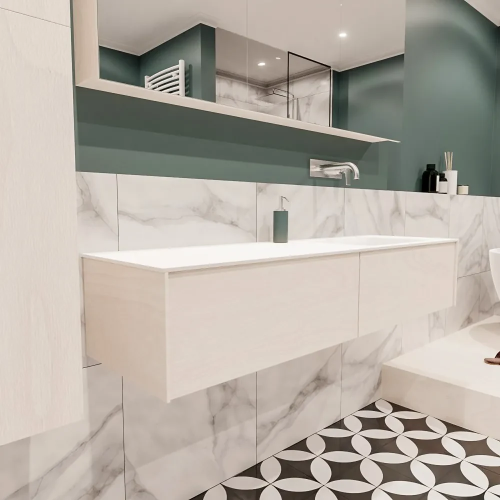 Lush onderkast 150cm in kleur UNDERLAYMENT met 2 lades Push tot open geschikt voor rechtse wastafel. Compleet met solid surface wastafel cloud M35218met 0 kraangat(en)