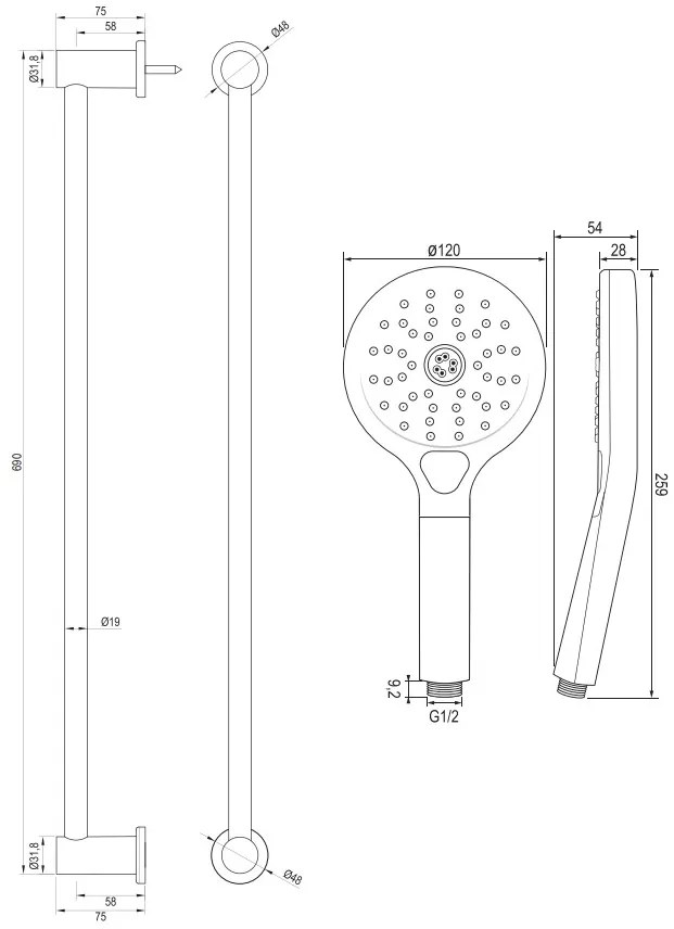 Brauer Gunmetal Edition thermostatische badkraan met glijstang en 3 standen handdouche gunmetal geborsteld PVD