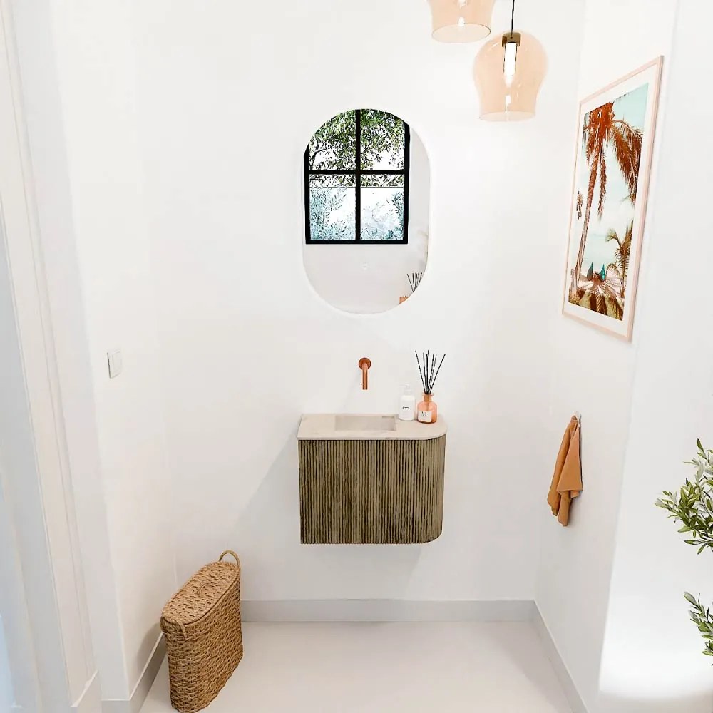Mondiaz Joya DLux 50cm toiletmeubel ronding rechts dusk met wastafel faye links zonder kraangat frappe