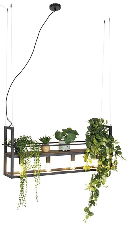 Industriële hanglamp zwart met hout en rek 4-lichts - Cage Rack