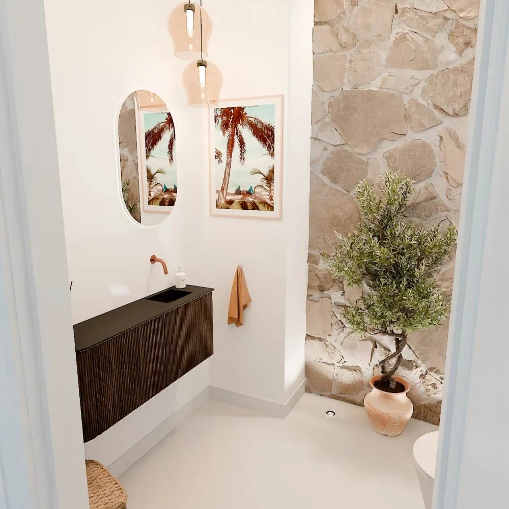 Mondiaz Joya 100cm toiletmeubel ronding links walnut met wastafel faye rechts zonder kraangat urban