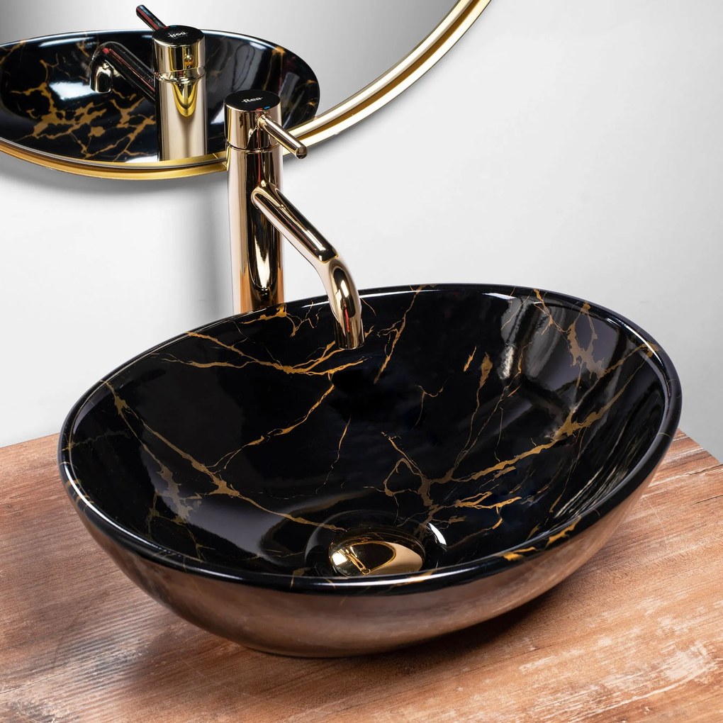 Wastafel Sofia Black Marble + kraan Lungo Gold High + universele plug gold
