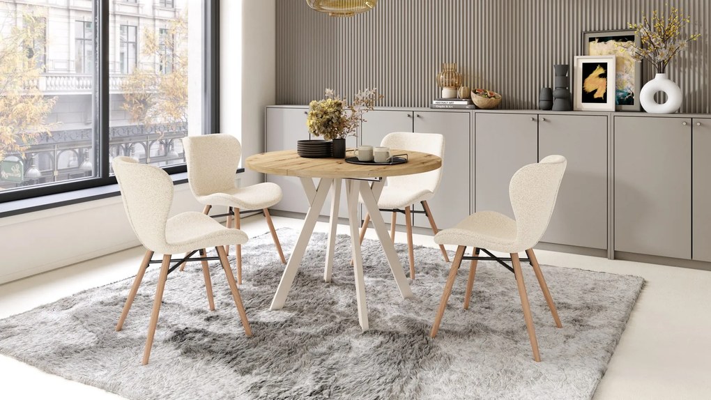 ALDO 100 Eiken Artisan/Beige poten - RONDE LOFT/INDUSTRIËLE TAFEL VOOR WOONKAMER/EETKAMER, UITSCHUIFBAAR