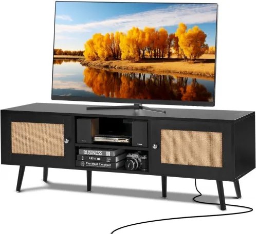 VEVOR Rotan TV-standaard voor 165 cm TV, Boho TV-standaard met rotan deur, TV-meubel met ingebouwde stopcontact en USB-poorten, Moderne TV-console voor Woonkamer, Mediaruimte, Zwart