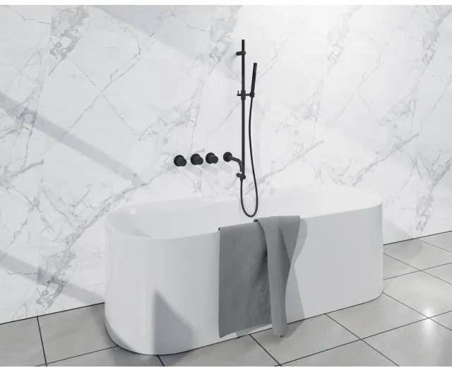 Fortifura Nebbio Badcombinatie-set - thermostaatkraan - glijstang met geïntegreerde wandaansluitbocht - metalen doucheslang - staaf handdouche - uitloop - mat zwart SW1183065 SW1111528 SW706203 SW496811 SW1183076 SW