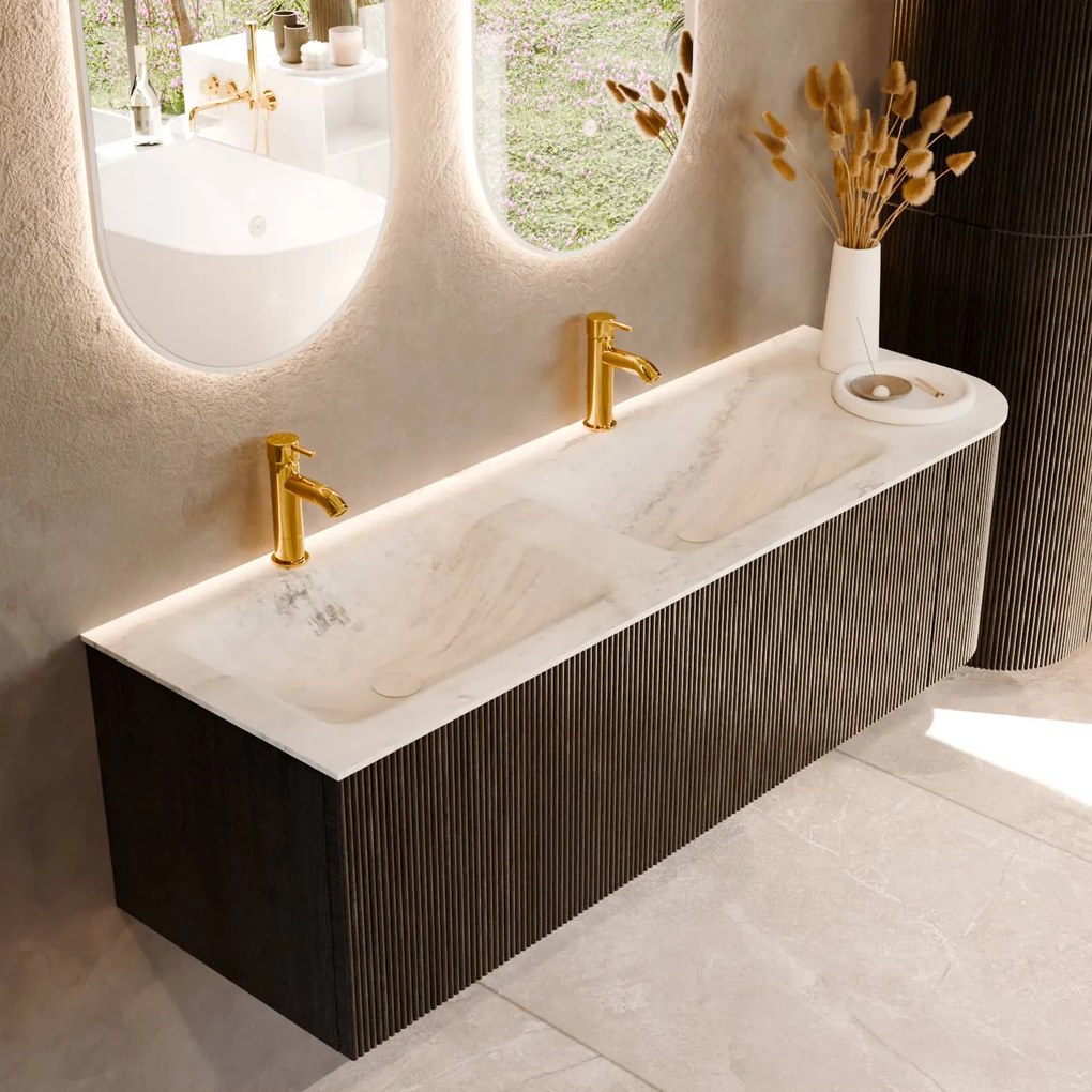 Mondiaz Kurve-dlux 145cm badmeubel ronding rechts shadow met 1 lade en deur en wastafel leaf dubbel/links 2 kraangaten opalo