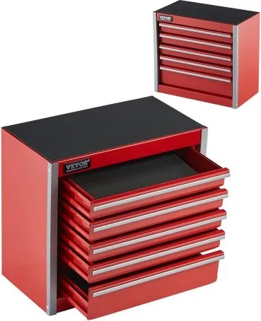 VEVOR Gereedschapskist 218 x 118 x 205 mm, Metalen gereedschapskist met 5 laden, Gereedschapskoffer met EVA-inzetstukken en PP-voetkussens, Robuust staal met kogellageropening en poedercoating, Rood