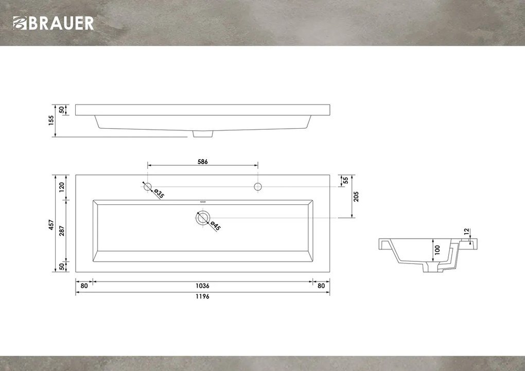 Brauer Solar Medium wastafel mineraalmarmer 120cm met 2 kraangaten wit glans