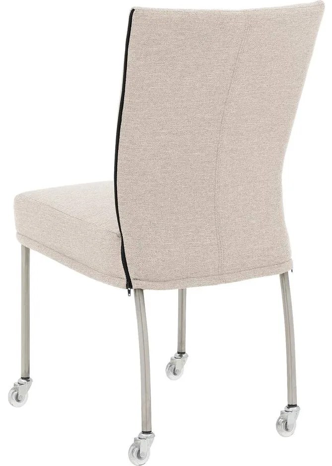 Goossens Eetkamerstoel Funk RVS Poten beige stof leuning en met wielenTransparant skater wiel met rvs kap, modern design