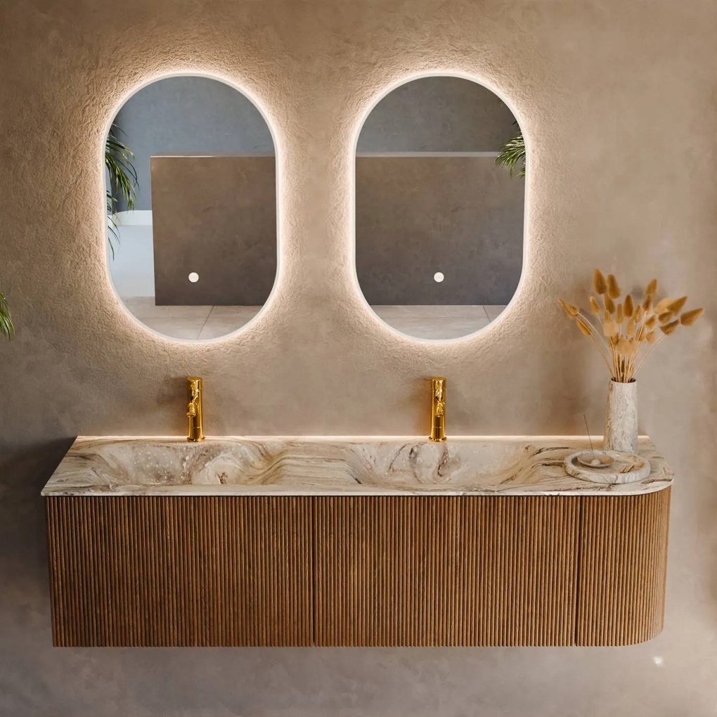 Mondiaz Kurve-dlux 155cm badmeubel ronding rechts dusk met 2 lades en 1 deur en wastafel leaf dubbel/links 2 kraangaten glace
