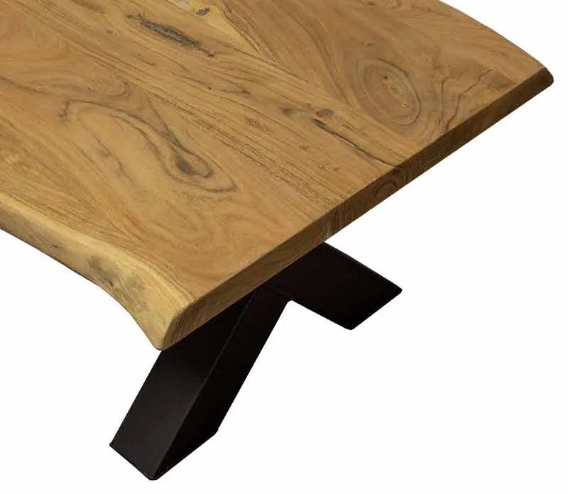 Boomstam salontafel massief Acacia | X-poot zwart staal | 130 x 70 cm | Bladdikte 3,7 cm