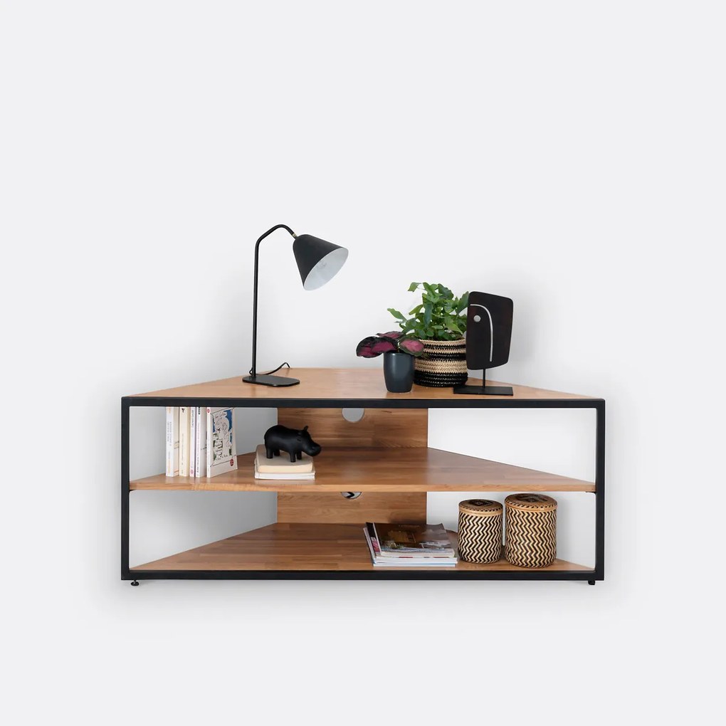 Hoek-tv-meubel van massief eiken en staal, HIBA