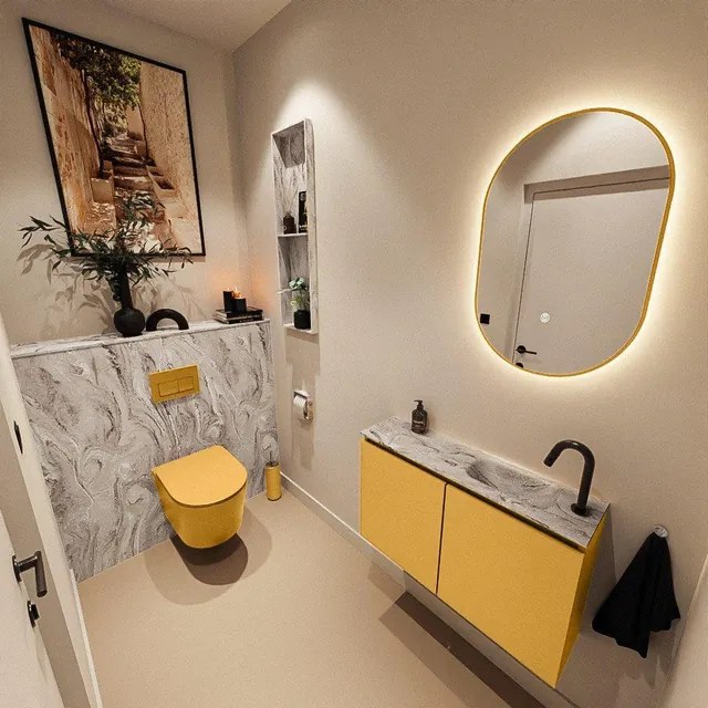 MONDIAZ TURE-DLUX 80cm toiletmeubel Ocher. EDEN wastafel Glace positie rechts. Met 1 kraangat. TUREDX80OCHR1GLA