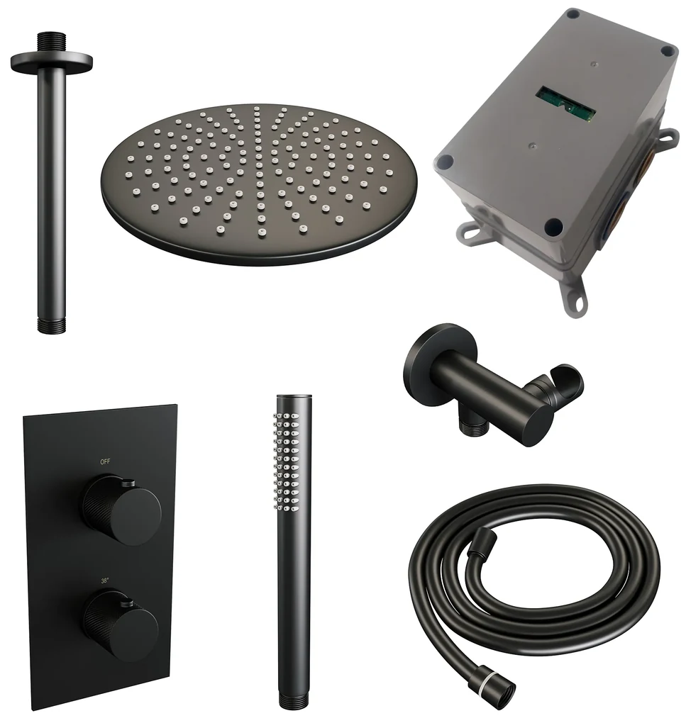 Brauer Black Carving complete inbouw regendouche set 30 met 30cm douchekop, plafondarm en staafhanddouche mat zwart