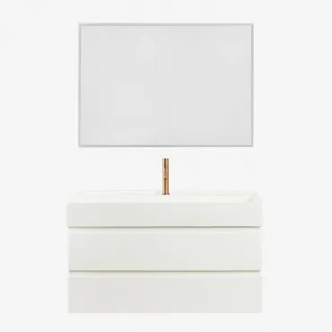 Badkamermeubelset Van Hout En Essenhoutfineer Met Geïntegreerde Wastafel Ona Wit & Rechthoekige Led En Anticondens 100x70 Cm Tamsin - Sklum