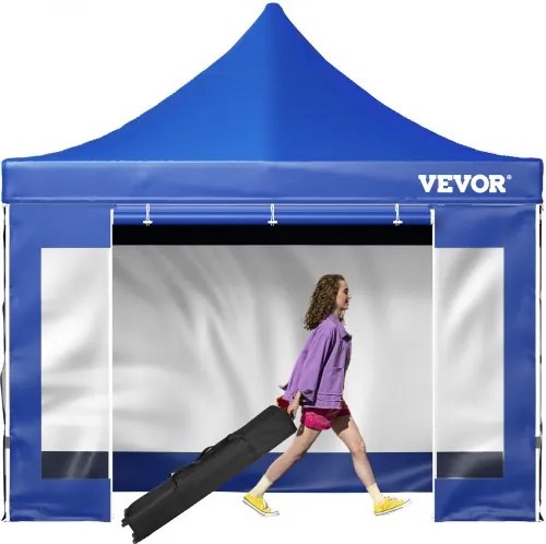 VEVOR Opvouwbaar Paviljoen 3x3m Opvouwbaar Paviljoen 240g PVC-gecoat Polyester Pop-up Paviljoen 1,95-2,13m Verstelbare Feesttent Partytent Strandtent Blauw voor Bruiloften of andere commerciële evenementen