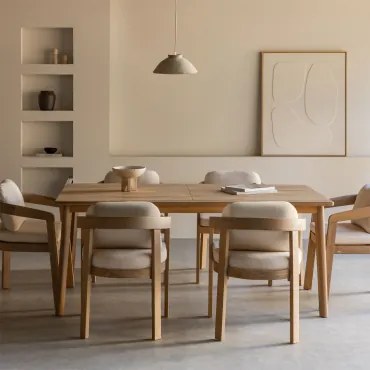 Rechthoekige Eettafelset 180x90 Cm Van Acaciahout Kaela En 6 Eetkamerstoelen Van Acaciahout Uleno Lichte Acaciekleur - Sklum
