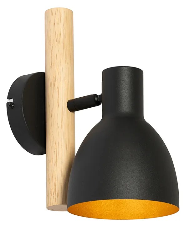 Landelijke wandlamp zwart met hout - Flint
