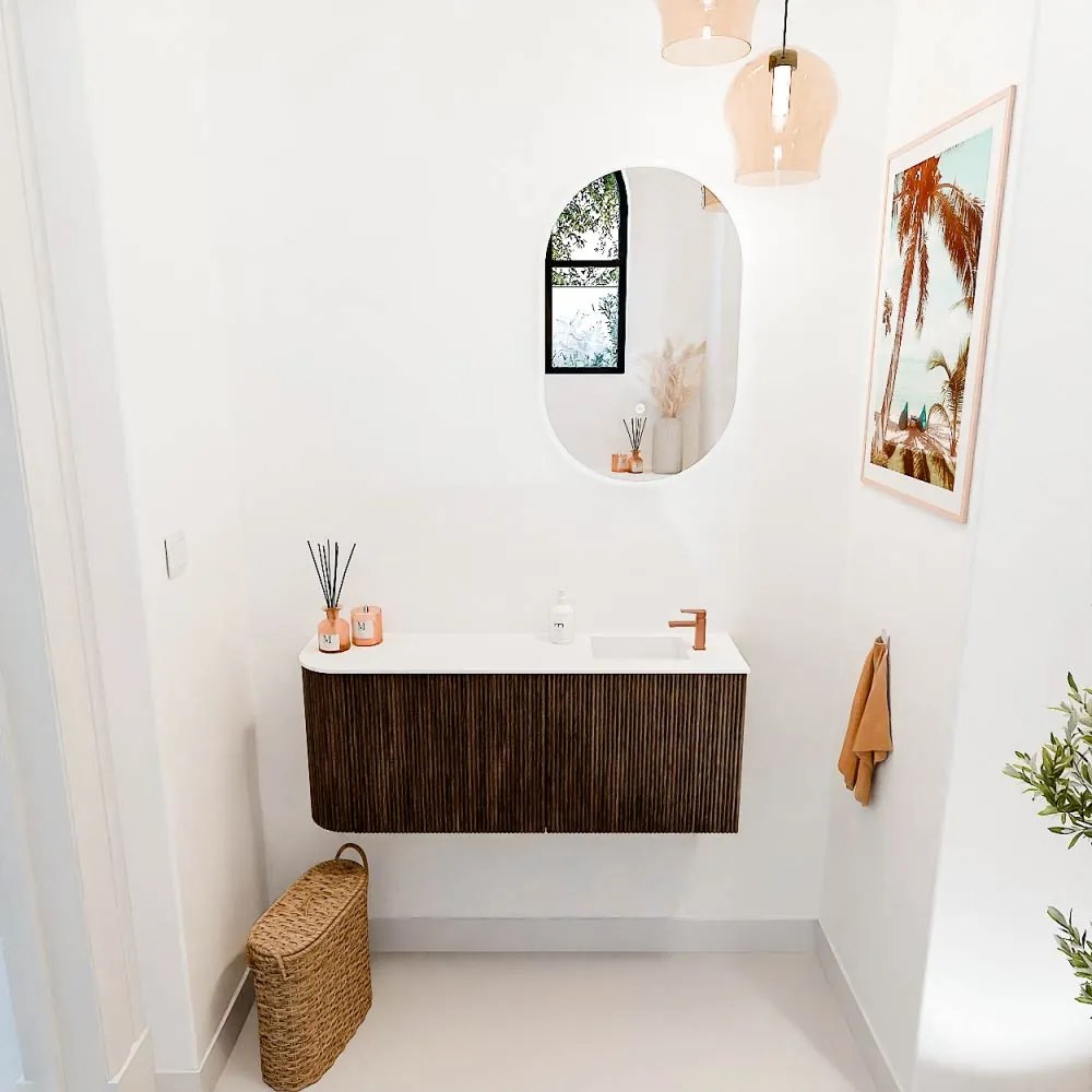 Mondiaz Joya 100cm toiletmeubel ronding links walnut met wastafel faye rechts 1 kraangat talc
