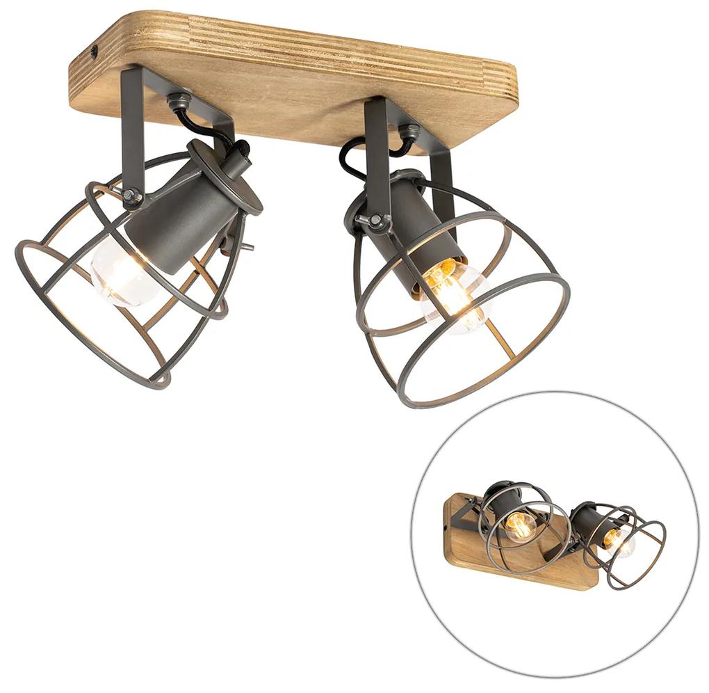 Industriële Spot / Opbouwspot / Plafondspot antraciet met hout verstelbaar 2-lichts - Arthur Industriele / Industrie / Industrial E27 Binnenverlichting Lamp