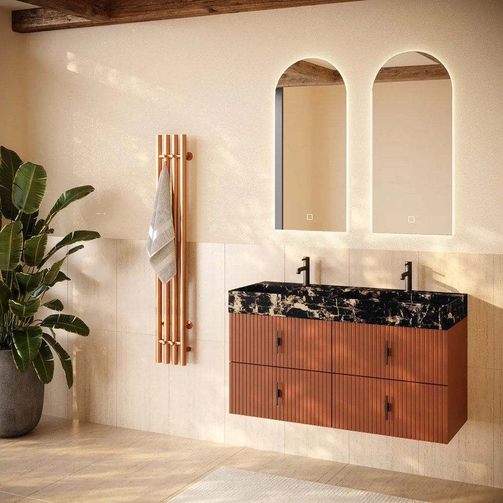 Muebles Murcia badmeubel ribbelfront 120cm terracotta met Portoro Gold wastafel met kraangaten