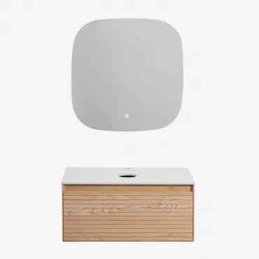 Tedrik Zwevend Badkamermeubelset 80x50 Cm In Essenhout Ash Brown & Without Sink & Vierkant Led En Anticondens 75x75 Cm Riben & Zonder Kraan - Sklum