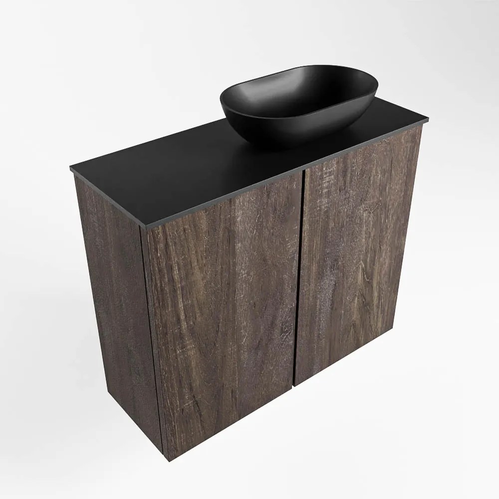 Mondiaz Fowy toiletmeubel 60cm dark brown met zwarte waskom rechts en kraangat