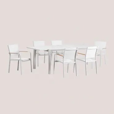 Stel Van 180x240-100 Cm Uitschuifbare Starmi Tafel En 6 Stapelbare Aluminium Tuinstoelen Archer Gardenia Wit - Sklum