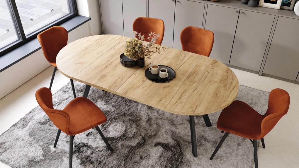 ALMO 100 Eiken Craft Gold/Zwarte poten - RONDE LOFT/INDUSTRIËLE TAFEL VOOR WOONKAMER/EETKAMER, UITSCHUIFBAAR