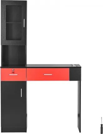 VEVOR Salon Station, wandgemonteerd kapsalonstation voor kappers, beauty spa-meubelset, 1 opbergkast, 3 compartimenten en 2 lades (waarvan één afsluitbaar), zwart en rood, 102,8 x 30 x 170 cm