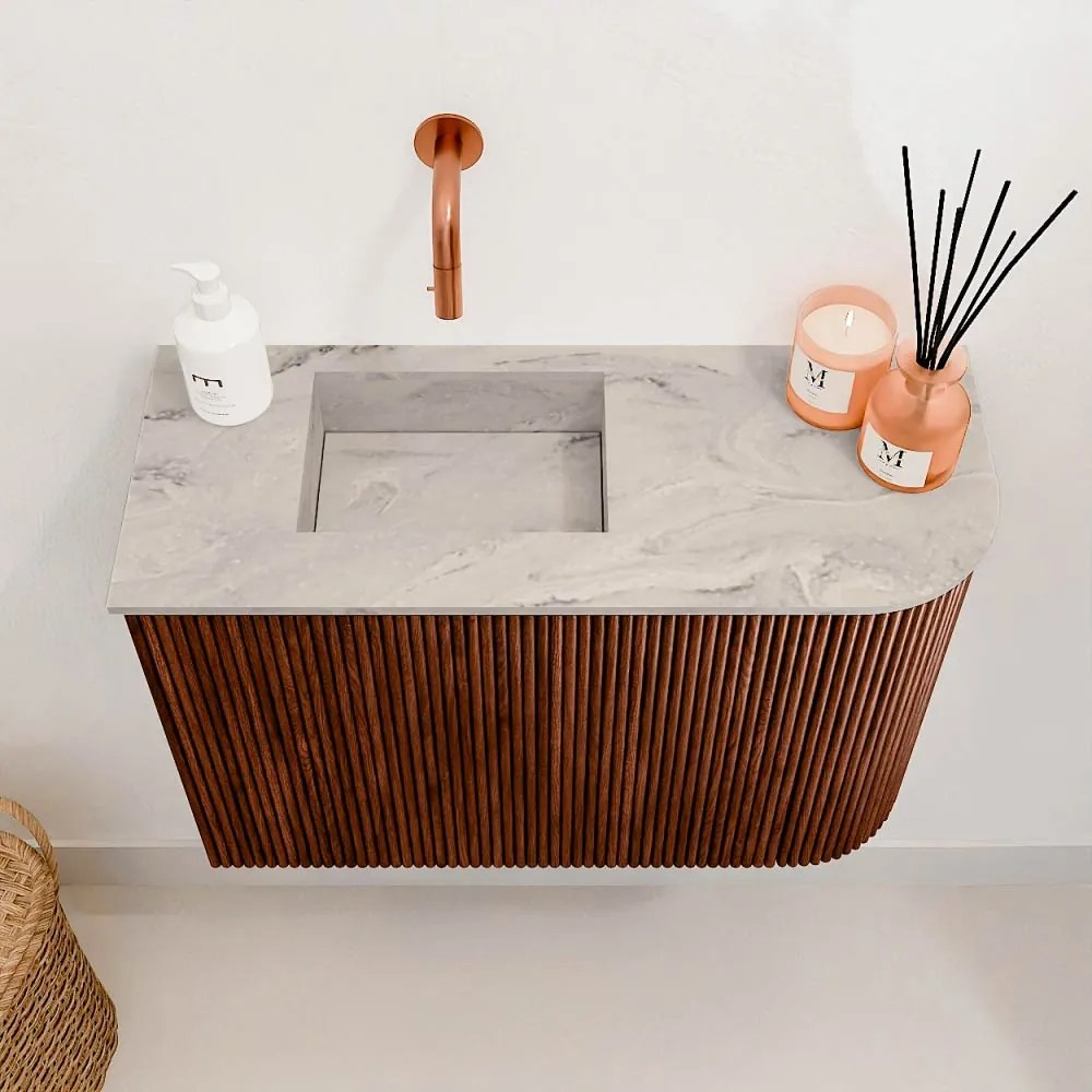 Mondiaz Joya DLux 60cm toiletmeubel ronding rechts ruby met wastafel faye links zonder kraangat glace