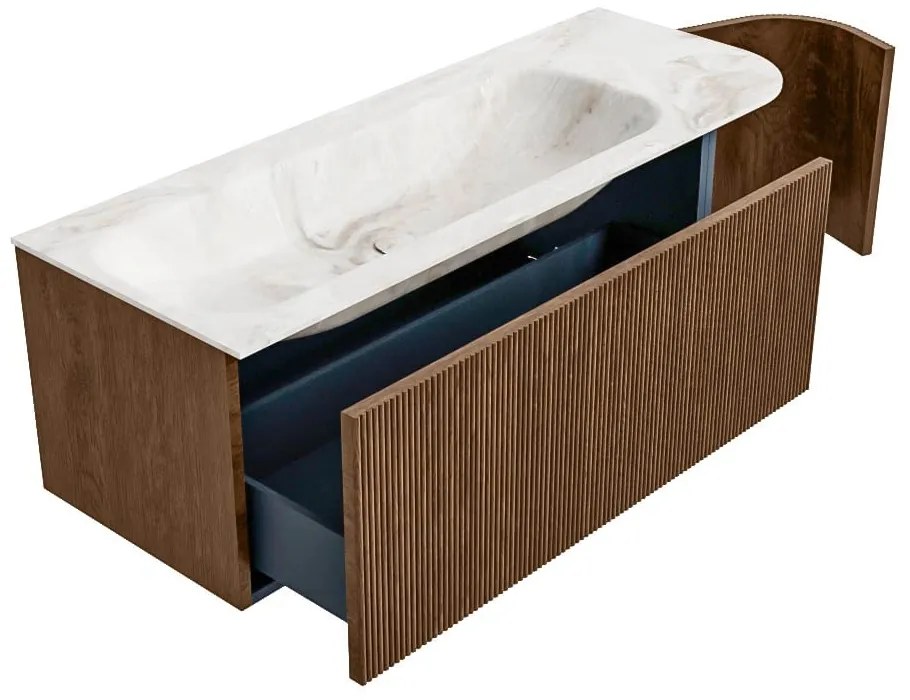 Mondiaz Kurve-dlux 125cm badmeubel ronding rechts walnut met 1 lade en deur en wastafel big medium kraangat links frappe
