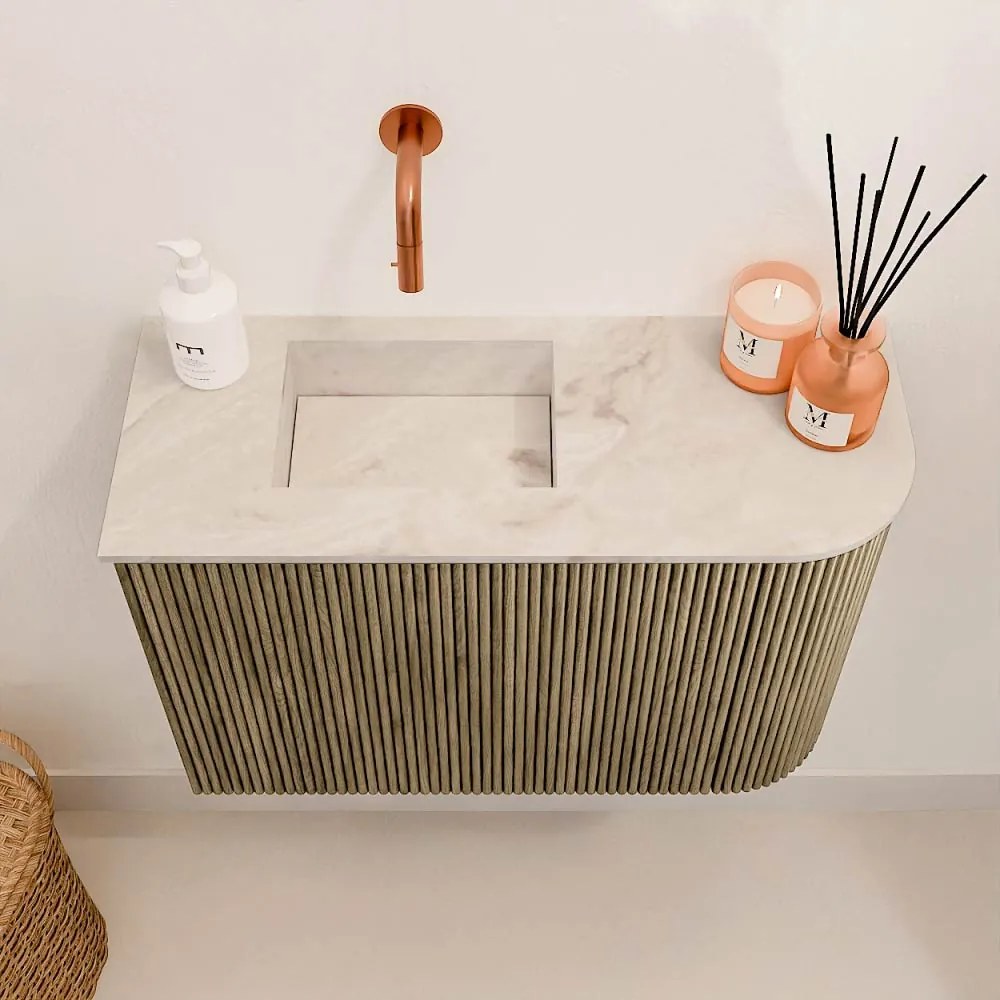 Mondiaz Joya DLux 60cm toiletmeubel ronding rechts dusk met wastafel faye links zonder kraangat frappe