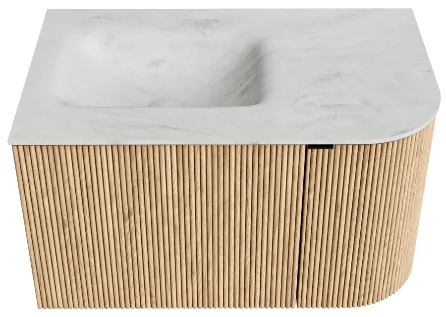 Mondiaz Kurve-dlux 75cm badmeubel ronding rechts oak met 1 lade en deur en wastafel grunne kraangat links opalo