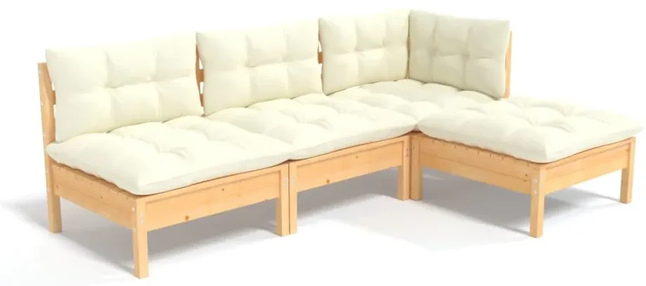 vidaXL 4-delige Loungeset met crèmekleurige kussens grenenhout