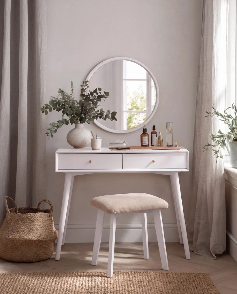 Mazzoni MILO Beige (stof Storm 06)/wit beuken onderstel - VIERKANTE GESTOFFEERDE KRUK VOOR KEUKEN/WOONKAMER