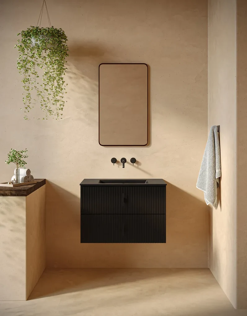 Muebles Marbella badmeubel ribbelfront 80cm zwart mat met zwarte wastafel zonder kraangat