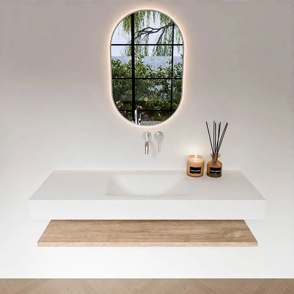 Zaro Alan badmeubel 130cm met planchet washed oak en vrijhangende wastafel cloud midden zonder kraangat talc