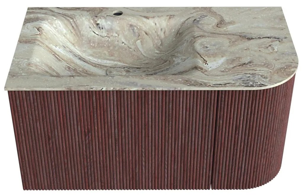 Mondiaz Kurve-dlux 85cm badmeubel ronding rechts ruby met 1 lade en deur en wastafel cloud kraangat links glace