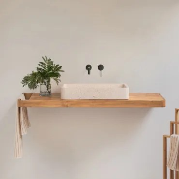 Conjunto Van Meubel 130x45 Cm Hangend In Teakhout Neill Teakhout & Rechthoekig Wit Cement 60x30 Cm Ronald & Spiegelloze & Zwart Ingebed Met - Sklum