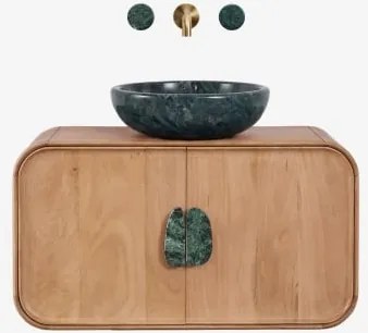 Hangend Badkamermeubelset 95x45 Cm Van Mangohout En Natuurlijke Kivalina-steen Spiegelloze & Onde Groene Marmeren Udaipur Ø40 Cm Eskel & Geborsteld Go