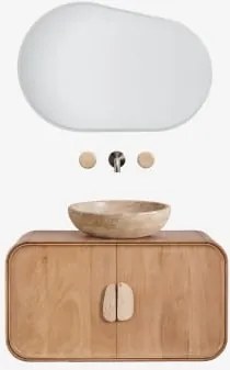 Hangend Badkamermeubelset 95x45 Cm Van Mangohout En Natuurlijke Kivalina-steen Travertijn - Mangohout & Ronde Travertijn Ø40 Cm Eskel & Ovaal Led -