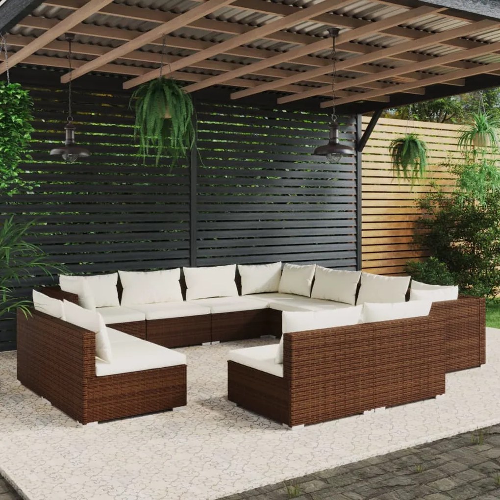 vidaXL 11-delige Loungeset met kussens poly rattan bruin